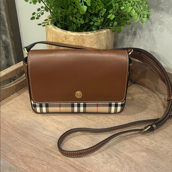 Burberry Handbags - Burberry Brown Leather Crossbody with Signature Check Trim